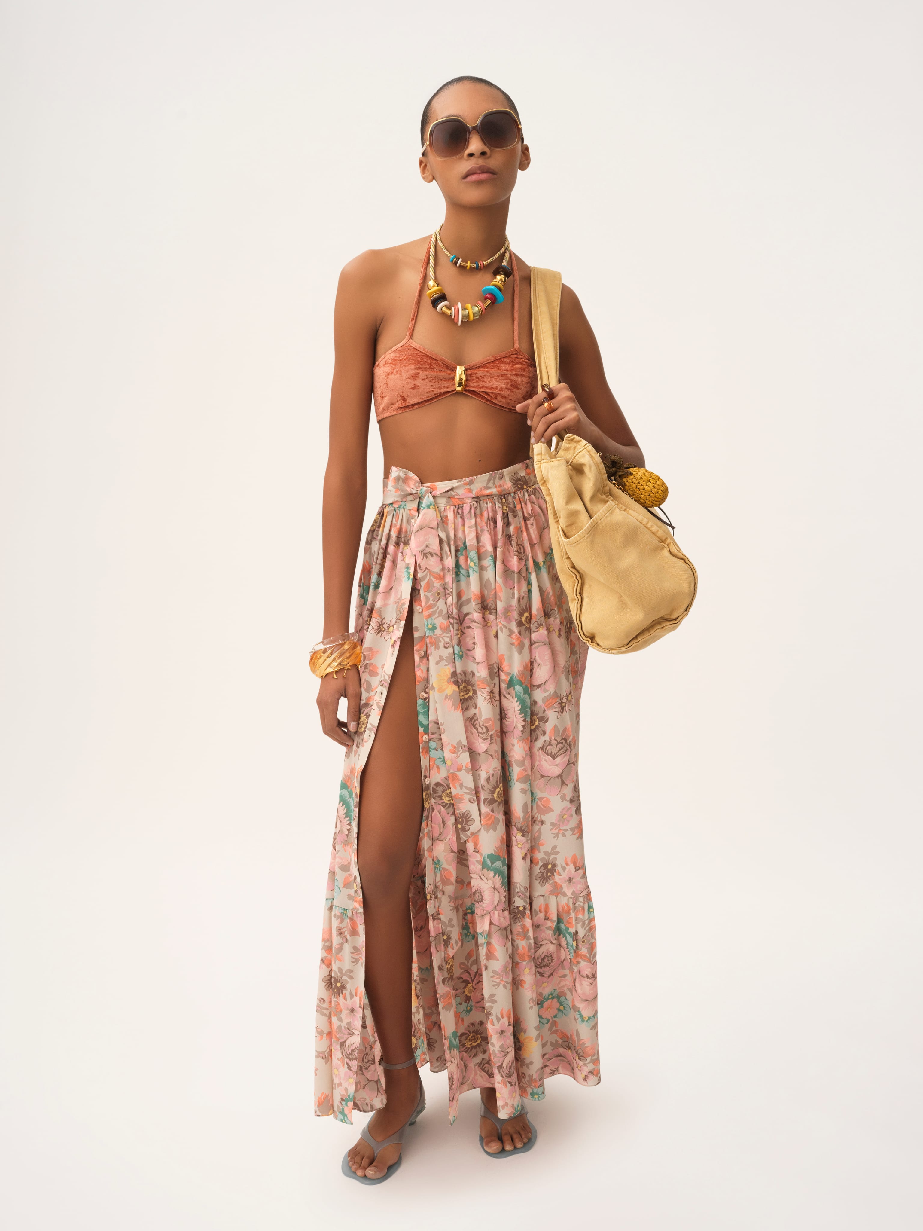 Summer look with floral maxi skirt and bikini top - A