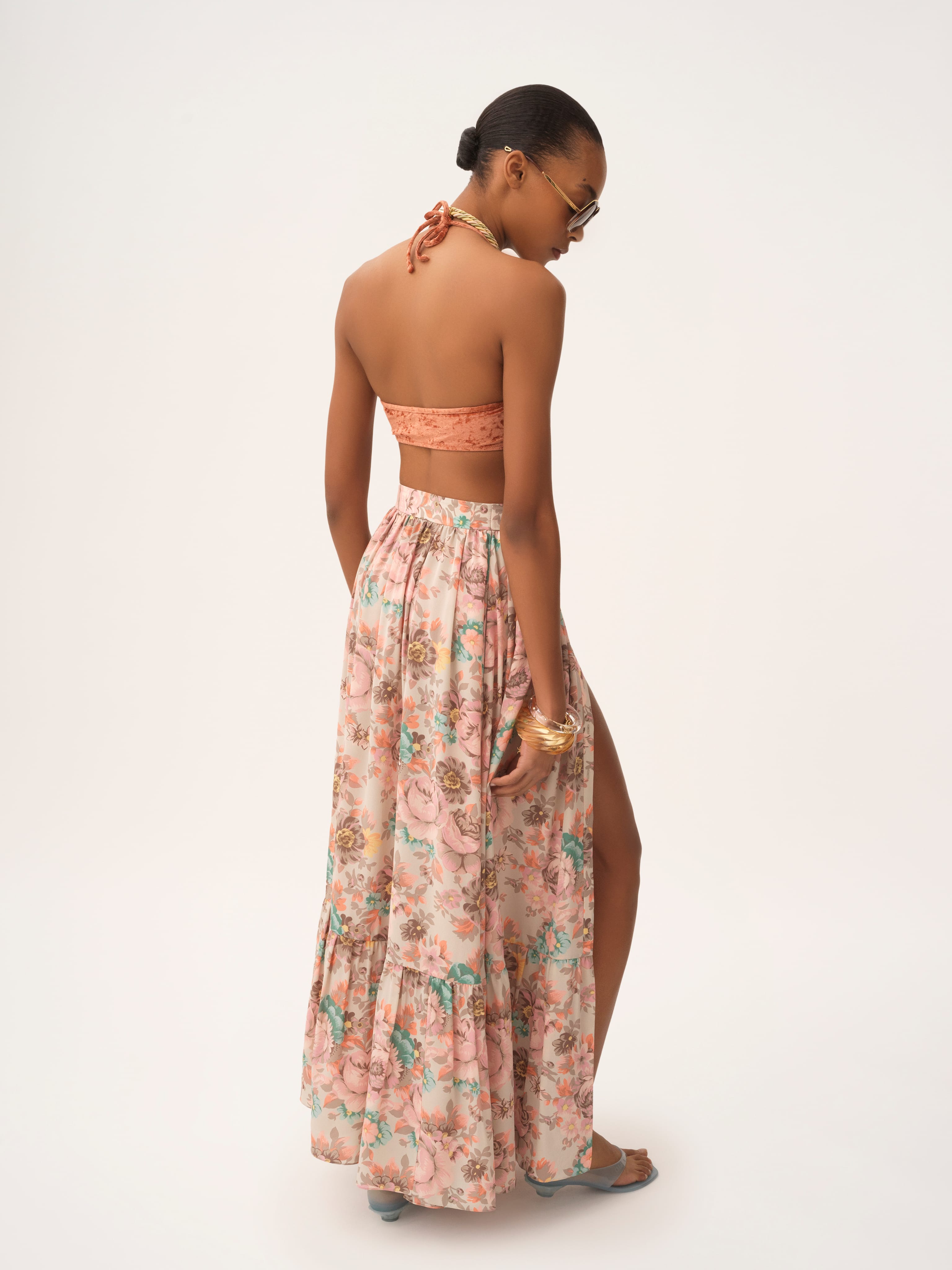 Summer look with floral maxi skirt and bikini top - B